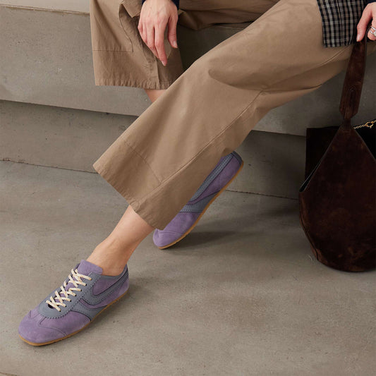 Lilac Contrast Faux Suede And Vegan Leather Square-Toe Lace-Up Sneakers Flats