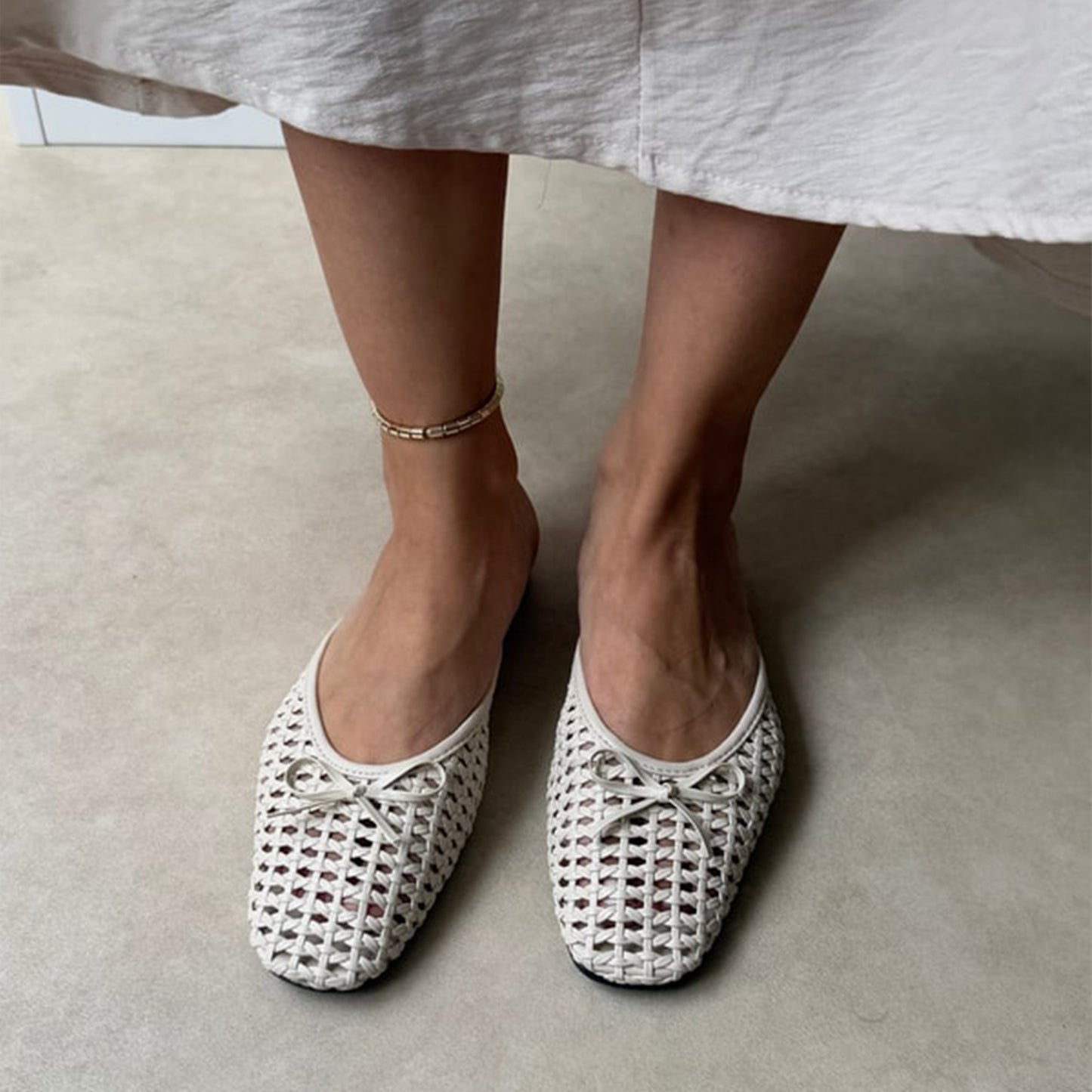 Ivory Woven Vegan Leather Square-Toe Front Bow Backless Chic Flats
