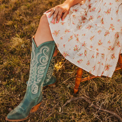 Turquoise Almond-Toe Curled Embroidery Full-Zip Knee High Cowgirl Boots