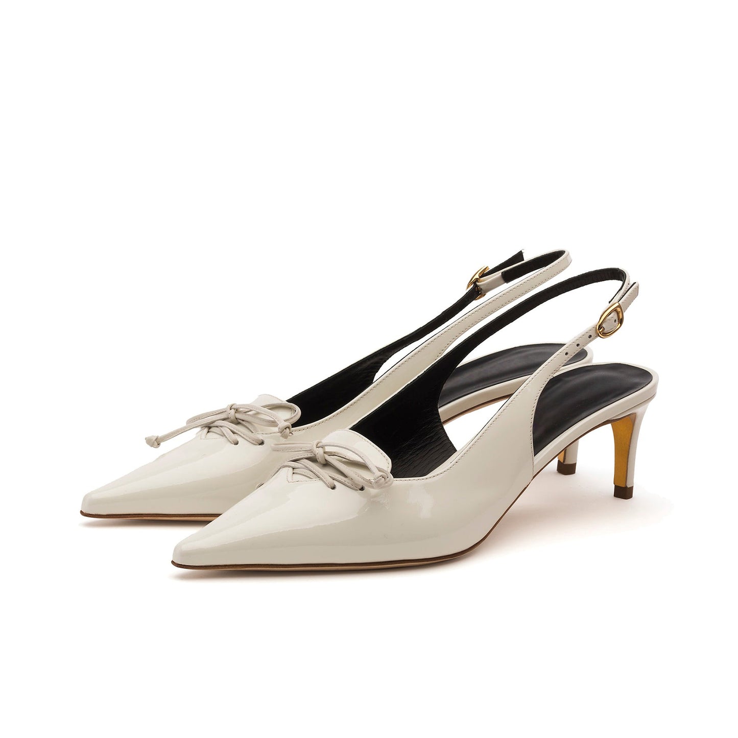 Patent Frost White Pointed-Toe Slingback Kitten Heels With Front Bow
