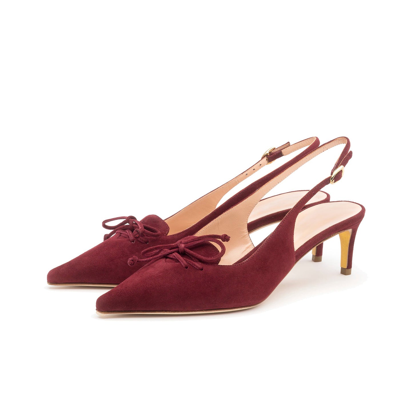Burgundy Faux Suede Pointed-Toe Slingback Kitten Heels With Front Bow