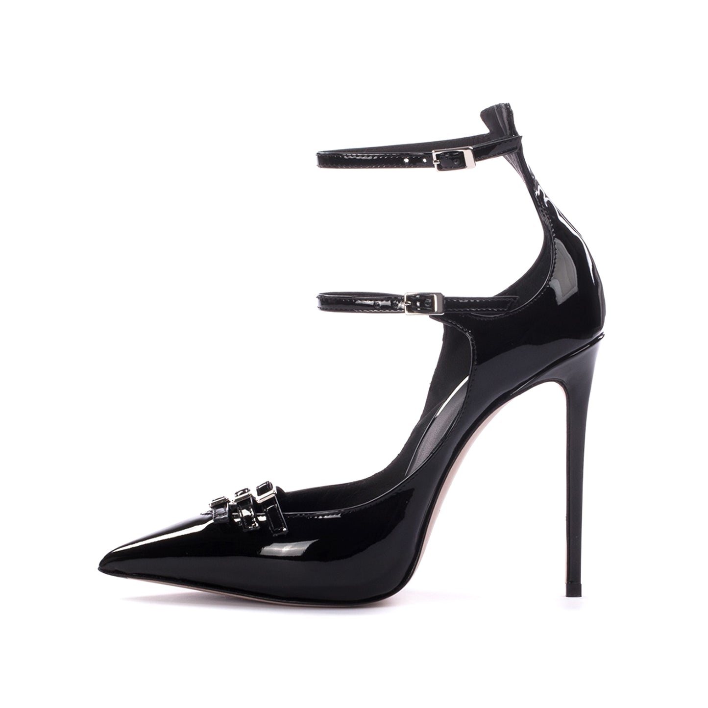 Patent Black Pointed-Toe Front Straps Double Ankle Straps High Heels