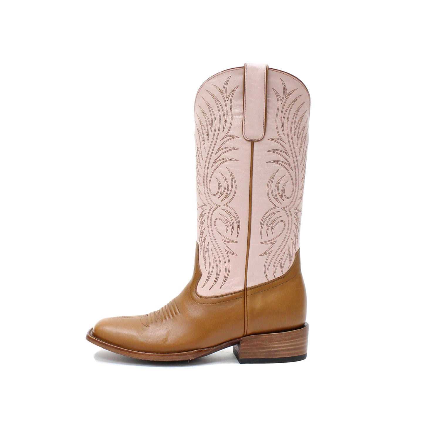 Contrast Ivory And Tan Square-Toe Embroidery Mid Calf Cowgirl Boots
