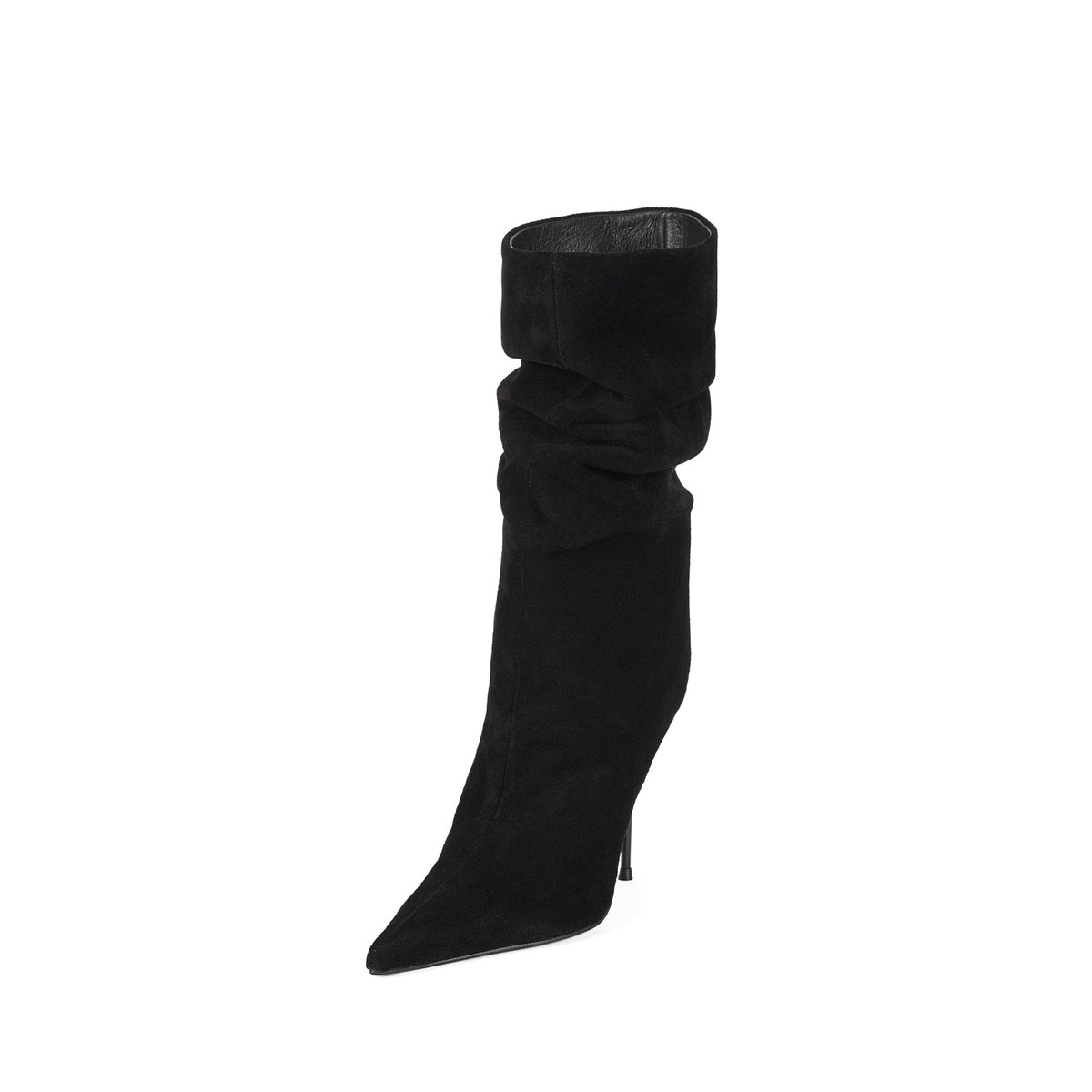 Black Faux Suede Pointed-Toe Slip-On Ankle Stiletto Boots