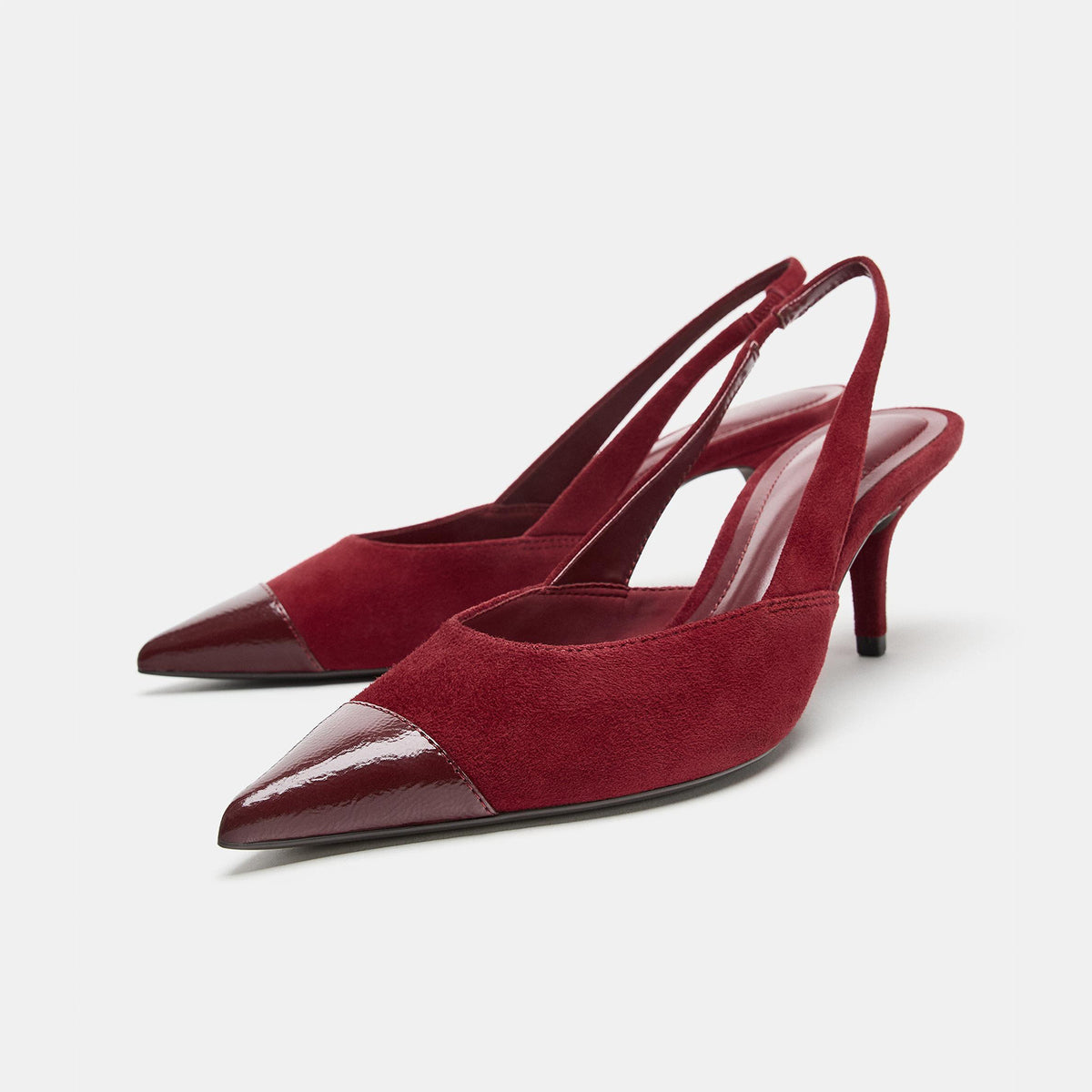 Burgundy Patent Leather And Faux Suede Pointed-Toe Slingback Kitten Heels