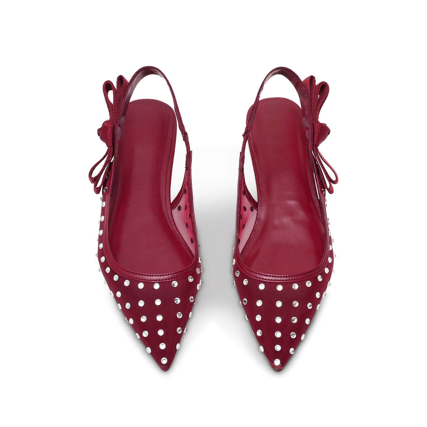 Red Mesh Pointed-Toe Rhinestones And Slingback With Bow Flats