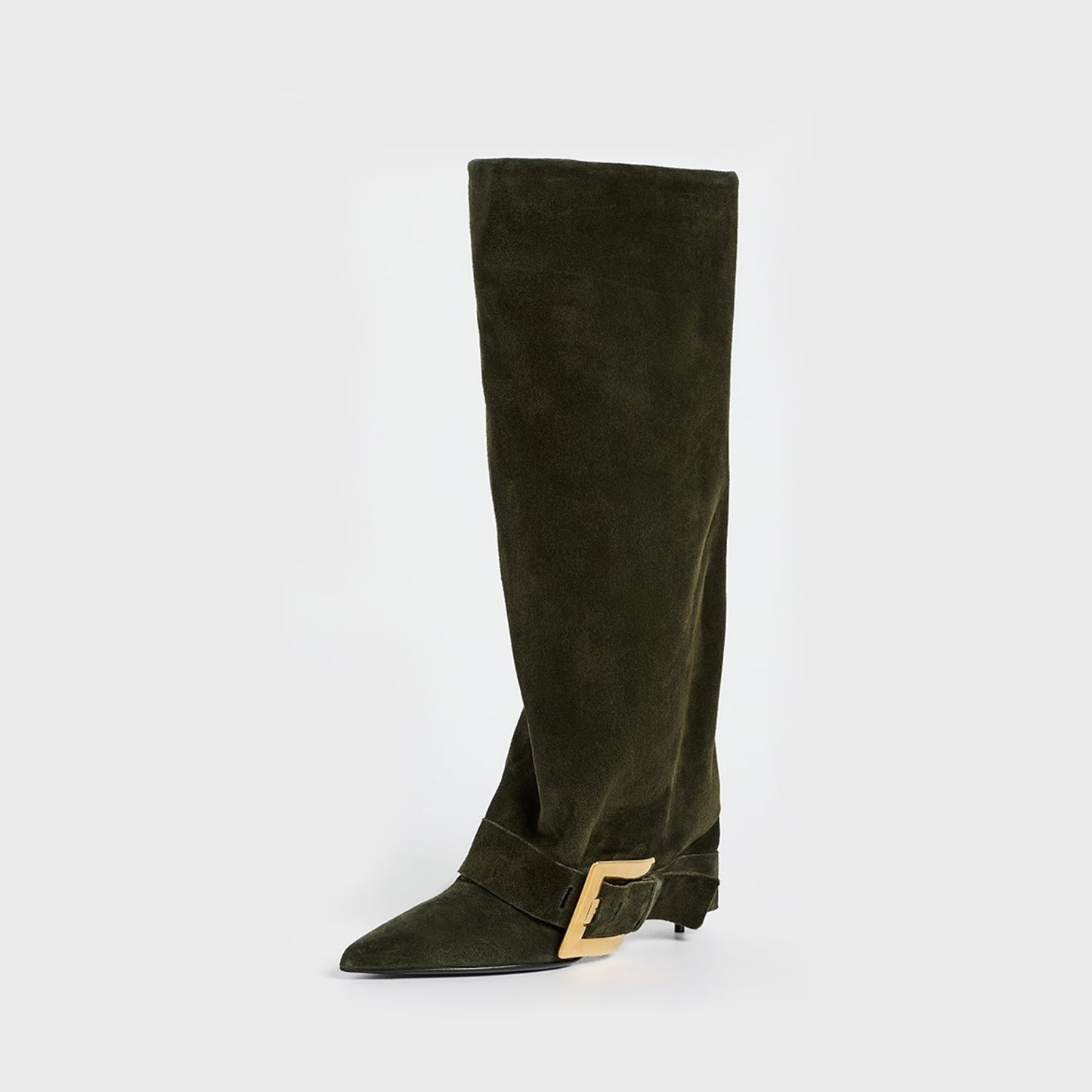 Khaki Faux Suede Pointed-Toe Bottom Buckle Fold-Over Wide Calf Knee High Stiletto Boots