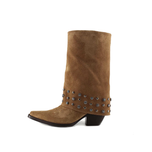 Brown Faux Suede Snip-Toe Studded Fold-Over Full-Zip Mid Calf Cowgirl Boots