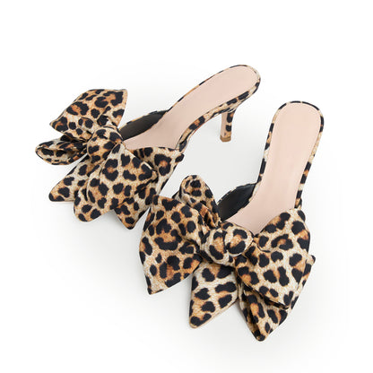 Leopard Satin Pointed-Toe Front Big Bow High Heels