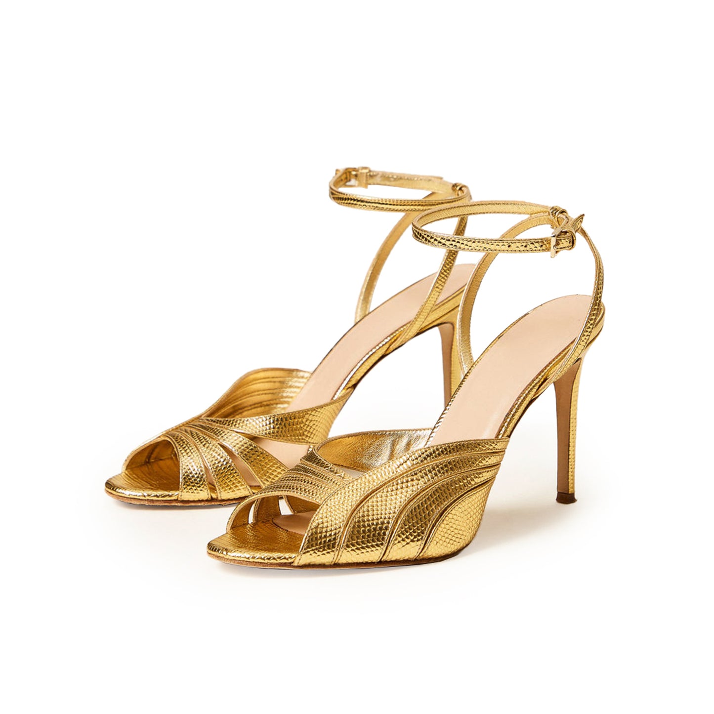 Metallic Gold Lizard Pattern Round-Toe Ankle Strap Sandals High Heels