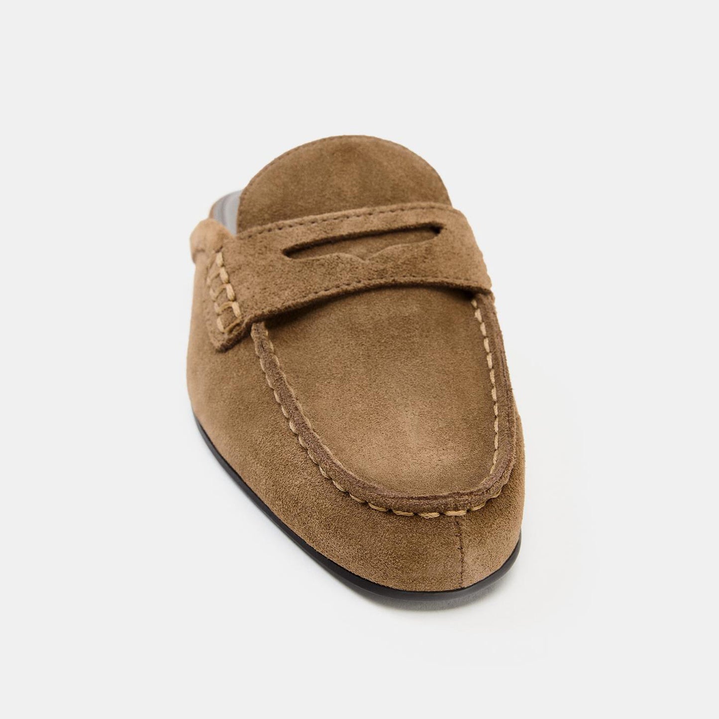 Brown Faux Suede Round-Toe Backless Slip-On Loafers Flats