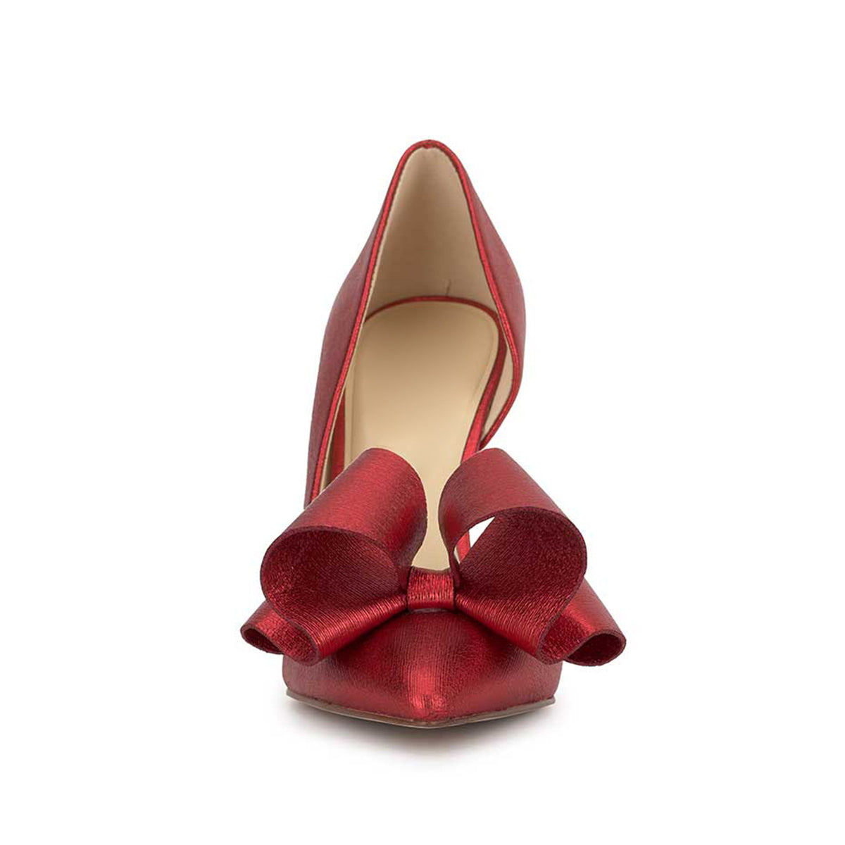 Metallic Red Pointed-Toe Front Big Bow Sleek Slip-On High Heels