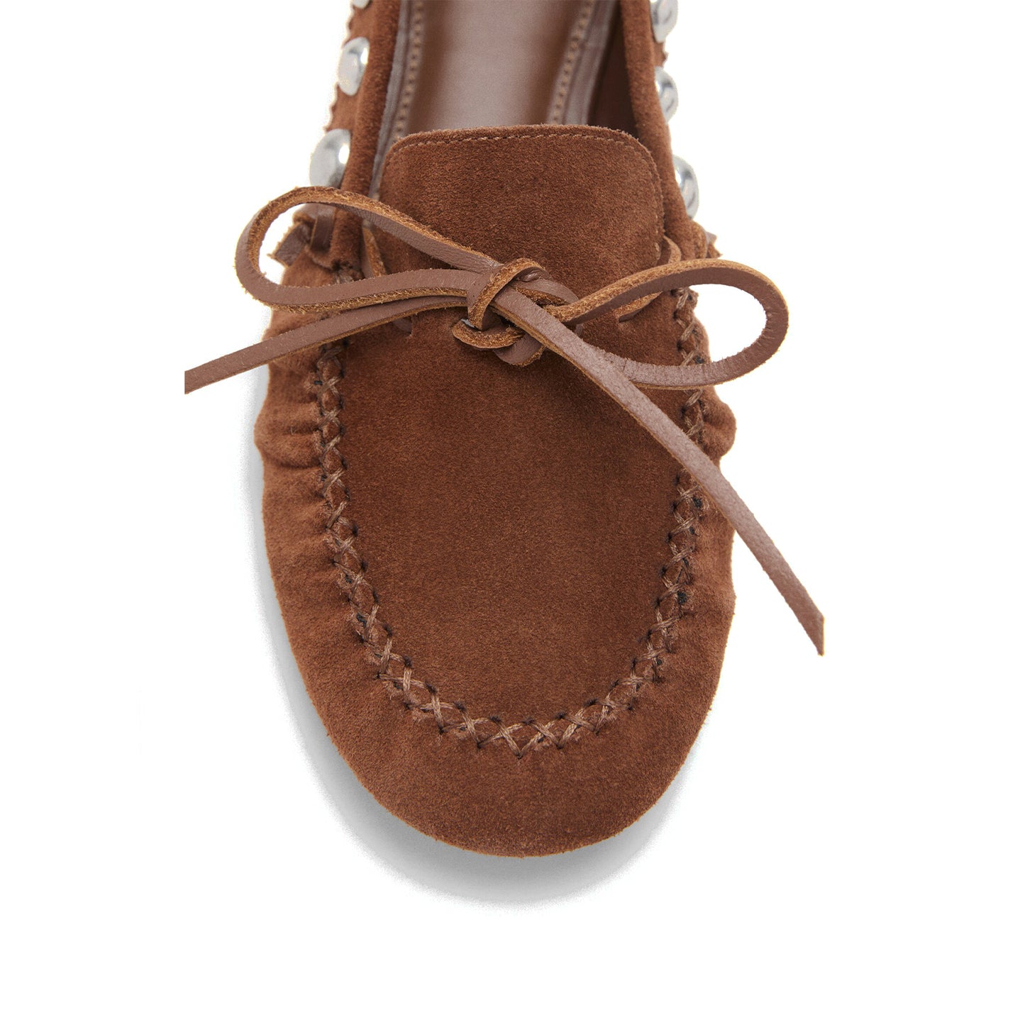 Brown Faux Suede Round-Toe Back Studs Front Bow Flats
