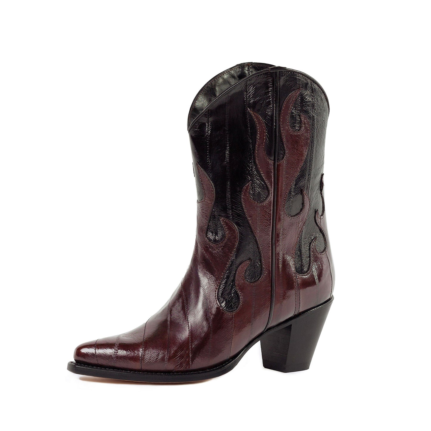 Contrast Colors Eel Print Pointed-Toe Flame Appliques Ankle Cowgirl Boots
