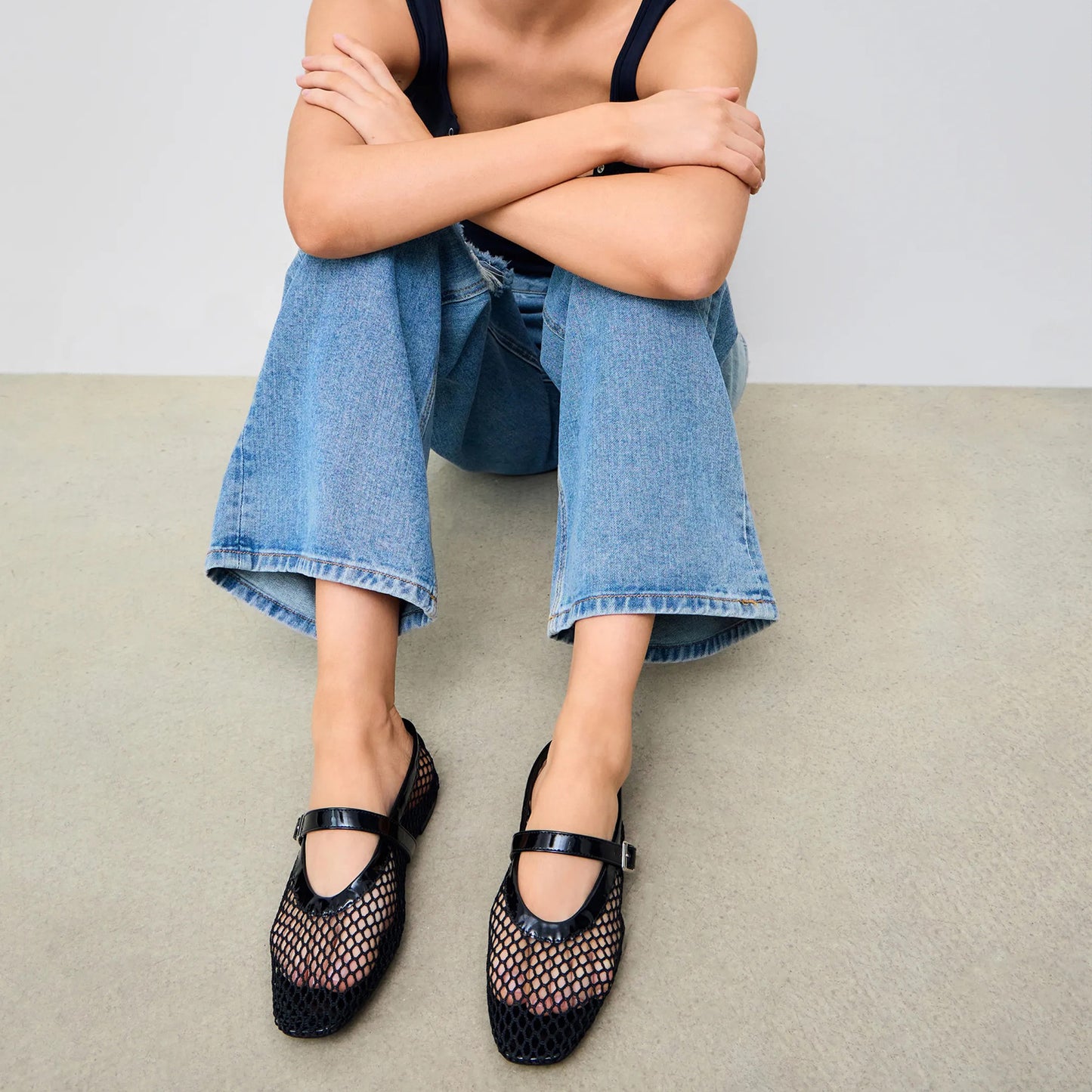 Black Mesh And Patent Leather Square-Toe Mary Jane Ballet Flats