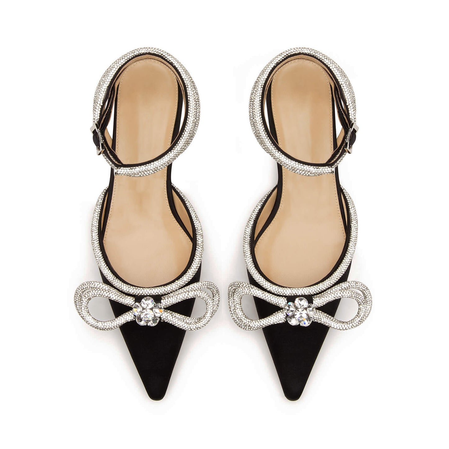 Black Satin Pointed-Toe Glitter Double Bow With Rhinestones Ankle Strap Flats