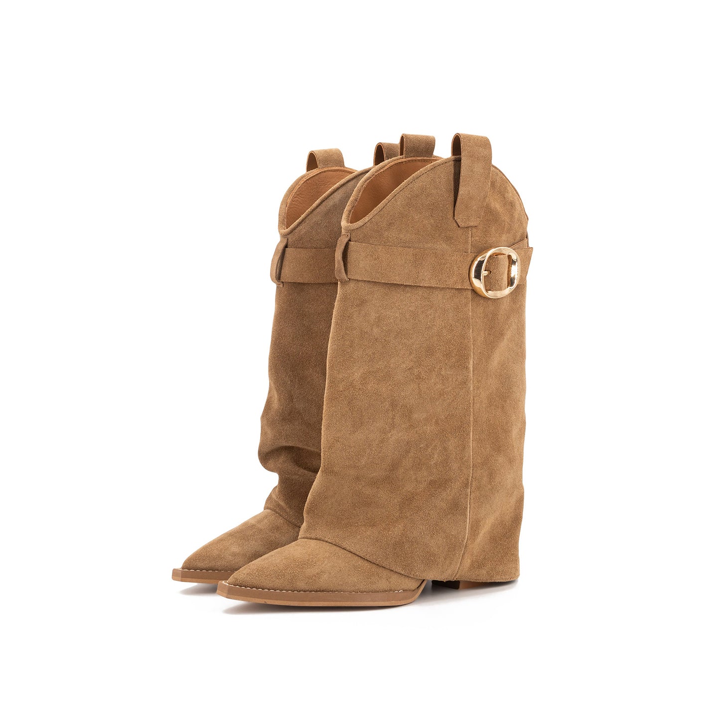 Tan Faux Suede Pointed-Toe Fold-Over Shaft Buckle Mid Calf Cowgirl Boots