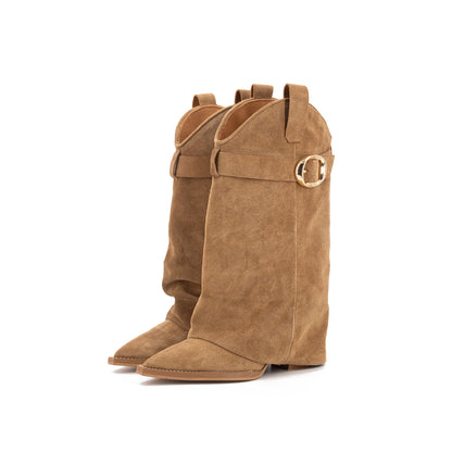 Tan Faux Suede Pointed-Toe Fold-Over Shaft Buckle Mid Calf Cowgirl Boots