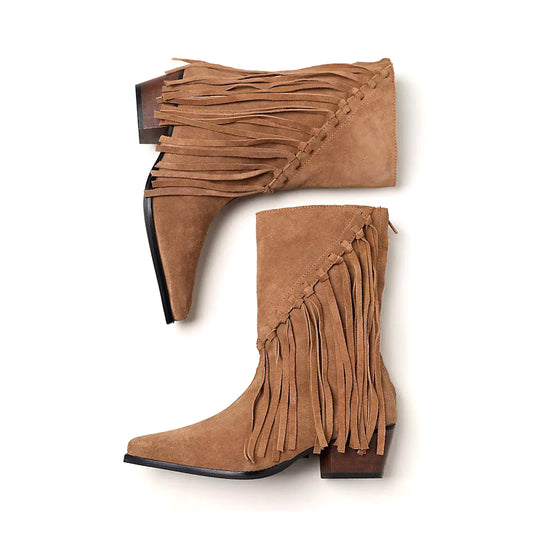 Camel Faux Suede Pointed-Toe Western Mid Calf Cowgirl Boots