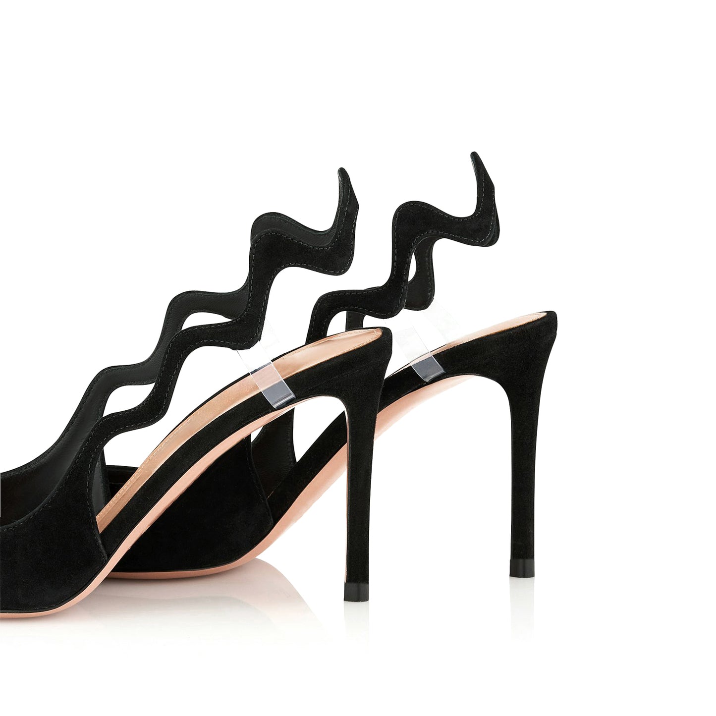 Black Faux Suede Pointed-Toe Undulating Slingback High Heels