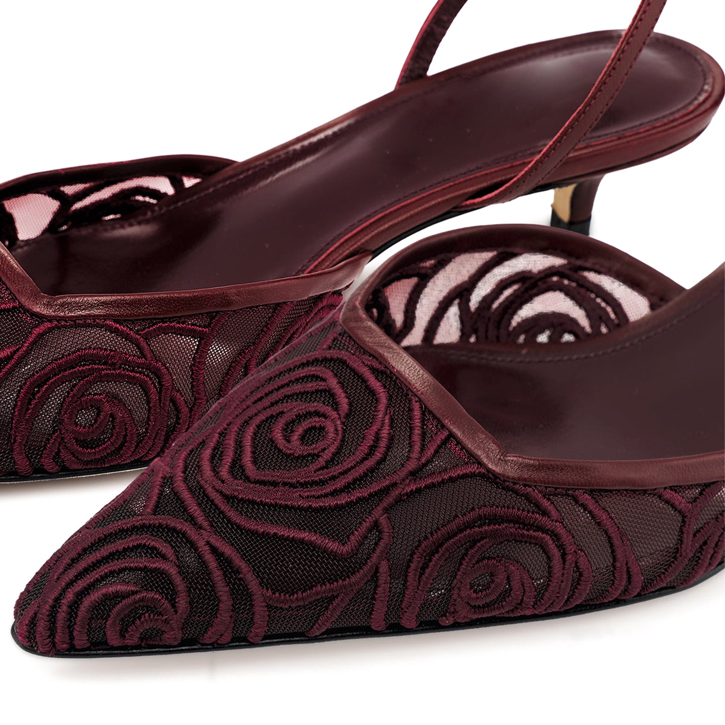 Dark Red Mesh Pointed-Toe Embroidery Slingback Slip-On Kitten Heels