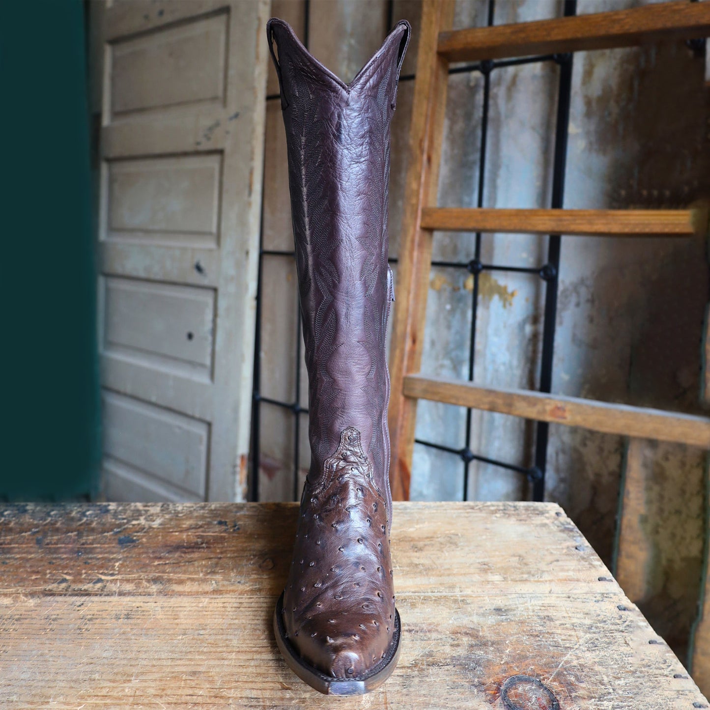Chocolate Contrast Vegan Leather And Ostrich Print Snip-Toe Embroidery Half-Zip Knee High Cowgirl Boots