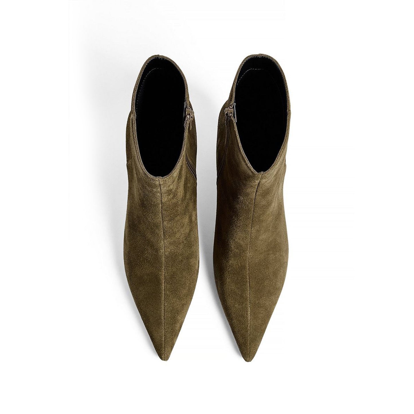 Khaki Faux Suede Pointed-Toe Full-Zip Ankle Stiletto Boots