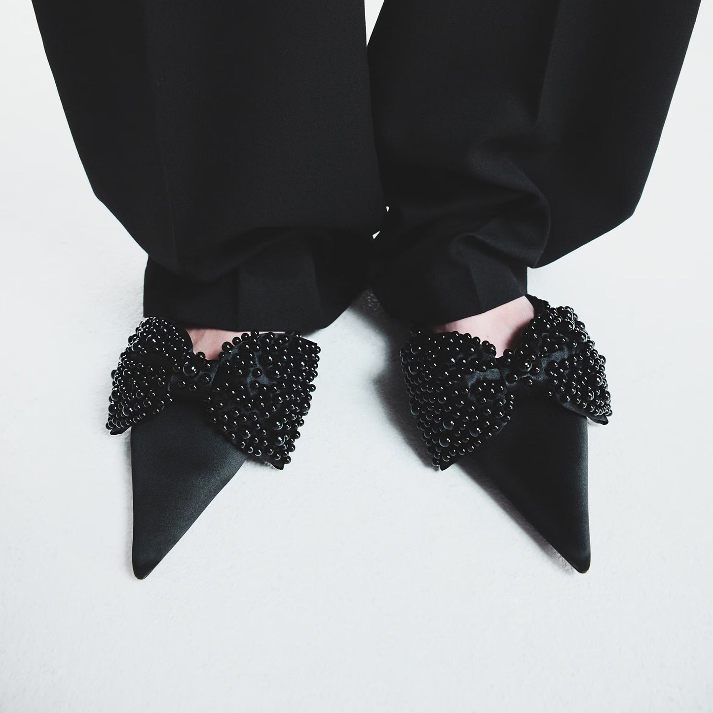 Black Satin Pointed-Toe Front Studded Bow Slip-On Flats