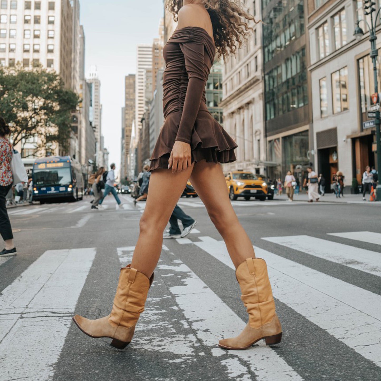 Contrast Sand Vegan Leather And Brown Faux Suede Snip-Toe Slouch Chic Mid Calf Cowgirl Boots