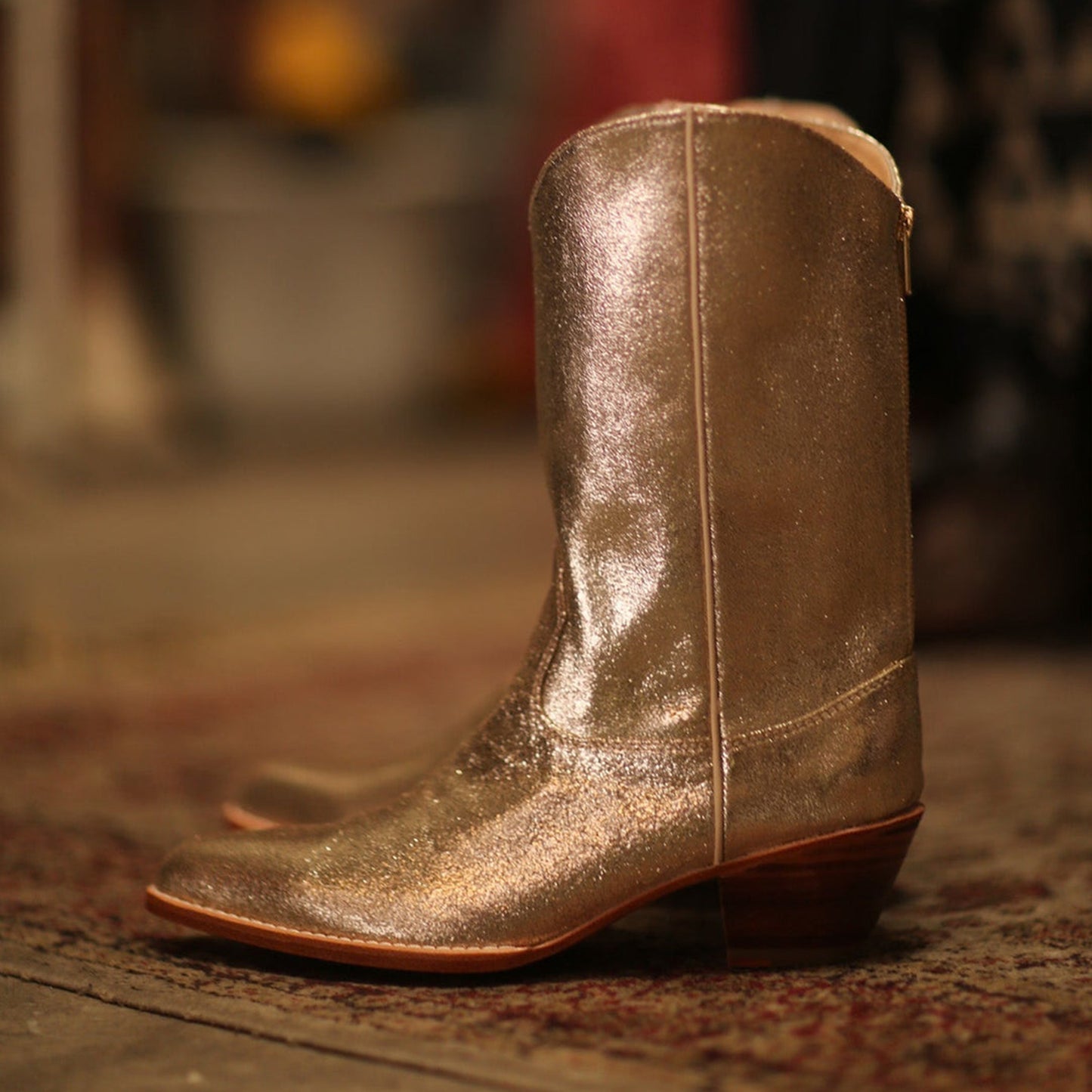 Metallic Gold Almond-Toe Simple Back Full-Zip Mid Calf Cowgirl Boots