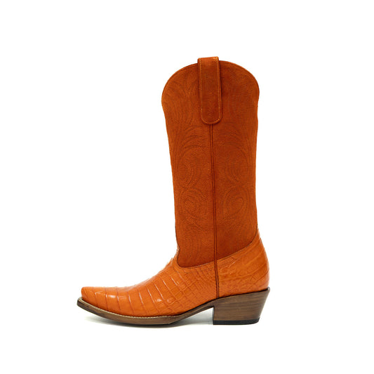 Orange Contrast Faux Suede And Crocodile Print Snip-Toe Embroidery Mid Calf Cowgirl Boots