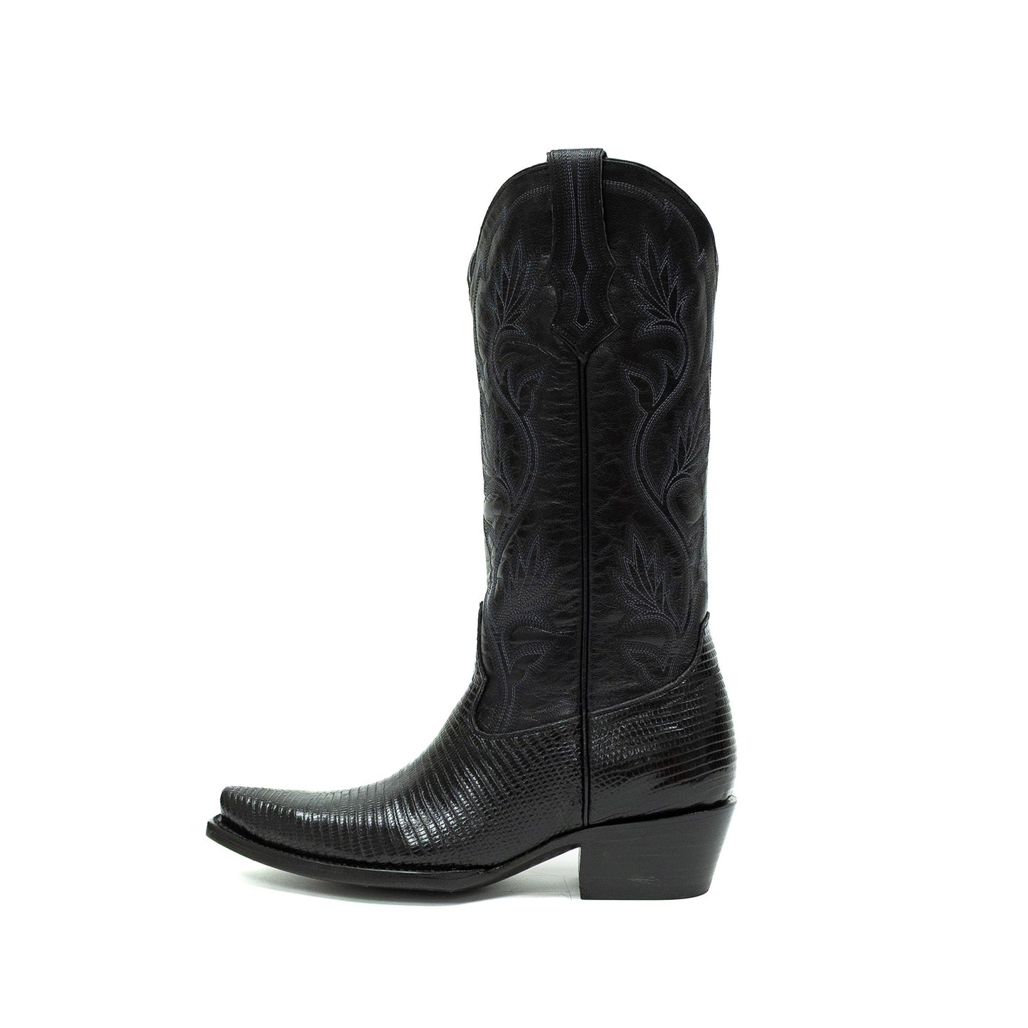 Black Contrast Vegan Leather And Lizard Print Snip-Toe Embroidery Mid Calf Cowgirl Boots