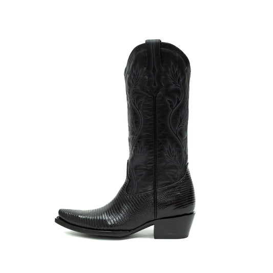 Black Contrast Vegan Leather And Lizard Print Snip-Toe Embroidery Mid Calf Cowgirl Boots