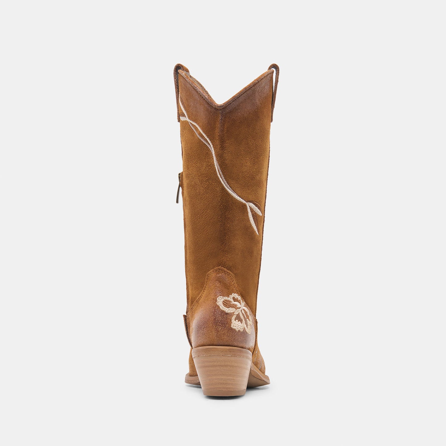 Tan Faux Suede Almond-Toe Stylish Floral Embroidery Half-Zip Mid Calf Cowgirl Boots