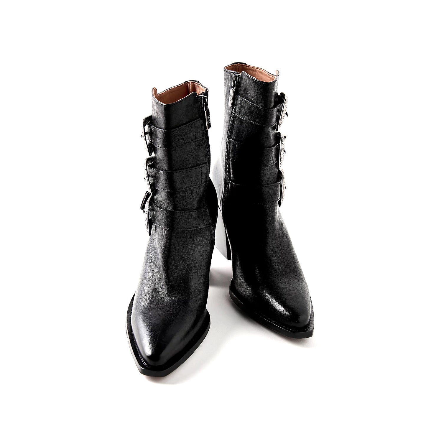 Black Pointed-Toe Three Buckle Straps Full-Zip Ankle Cowgirl Boots