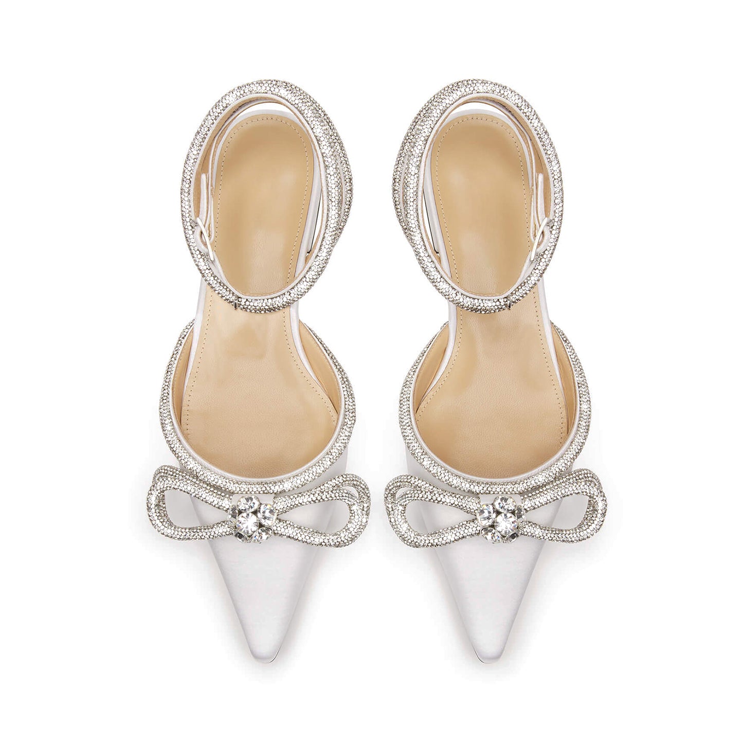 White Satin Pointed-Toe Glitter Double Bow With Rhinestones Ankle Strap Flats
