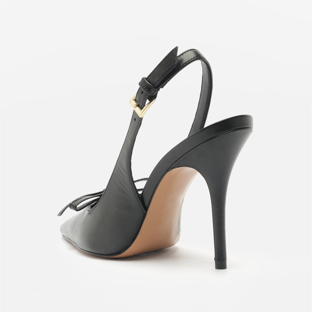 Black Pointed-Toe Front Bow Buckle Slingback High Heels