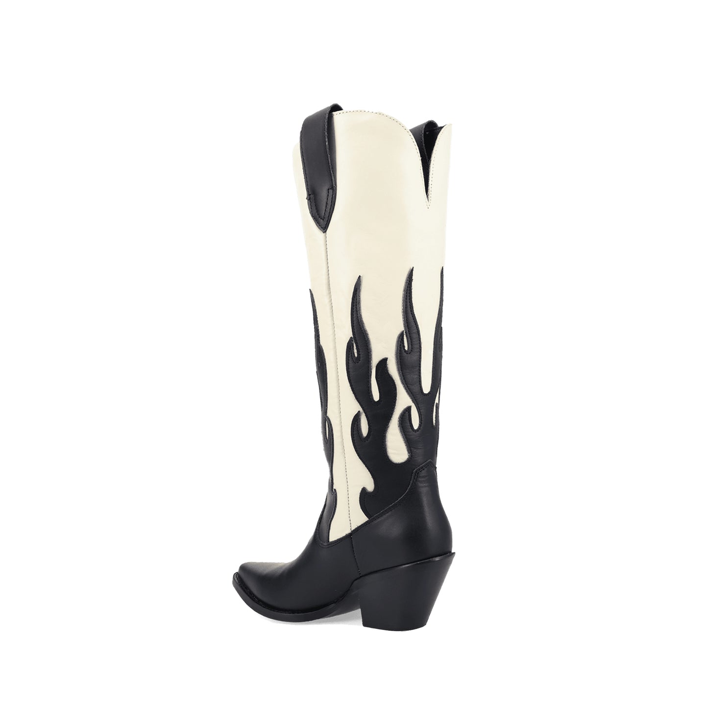 Contrast Black And Ivory Pointed-Toe Flame Appliques Wide Calf Knee High Cowgirl Boots