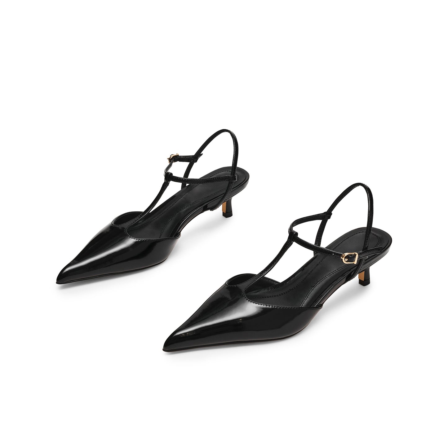 Patent Black Pointed-Toe Straps Kitten Heels