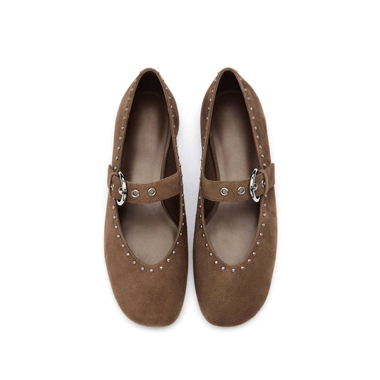 Brown Faux Suede Square-Toe Classic Buckle Bridge Strap Studs Ballet Flats