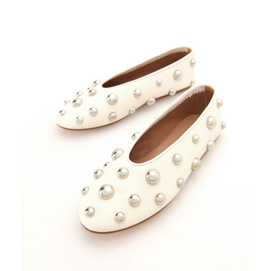 White Vegan Leather Round-Toe Studded Slip-On Flats