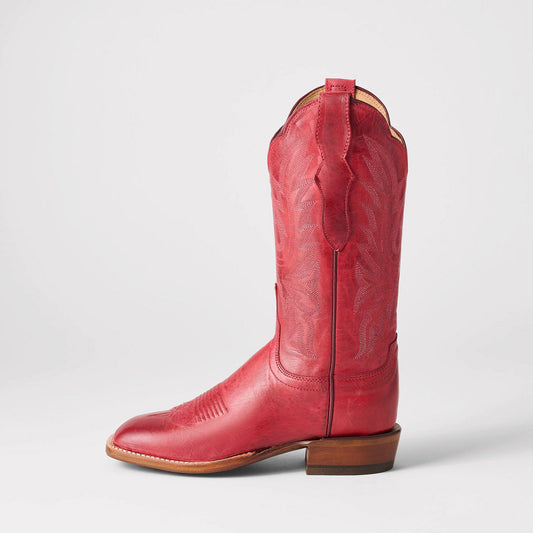 Red Square-Toe Delicate Embroidery Classic Mid Calf Cowgirl Boots