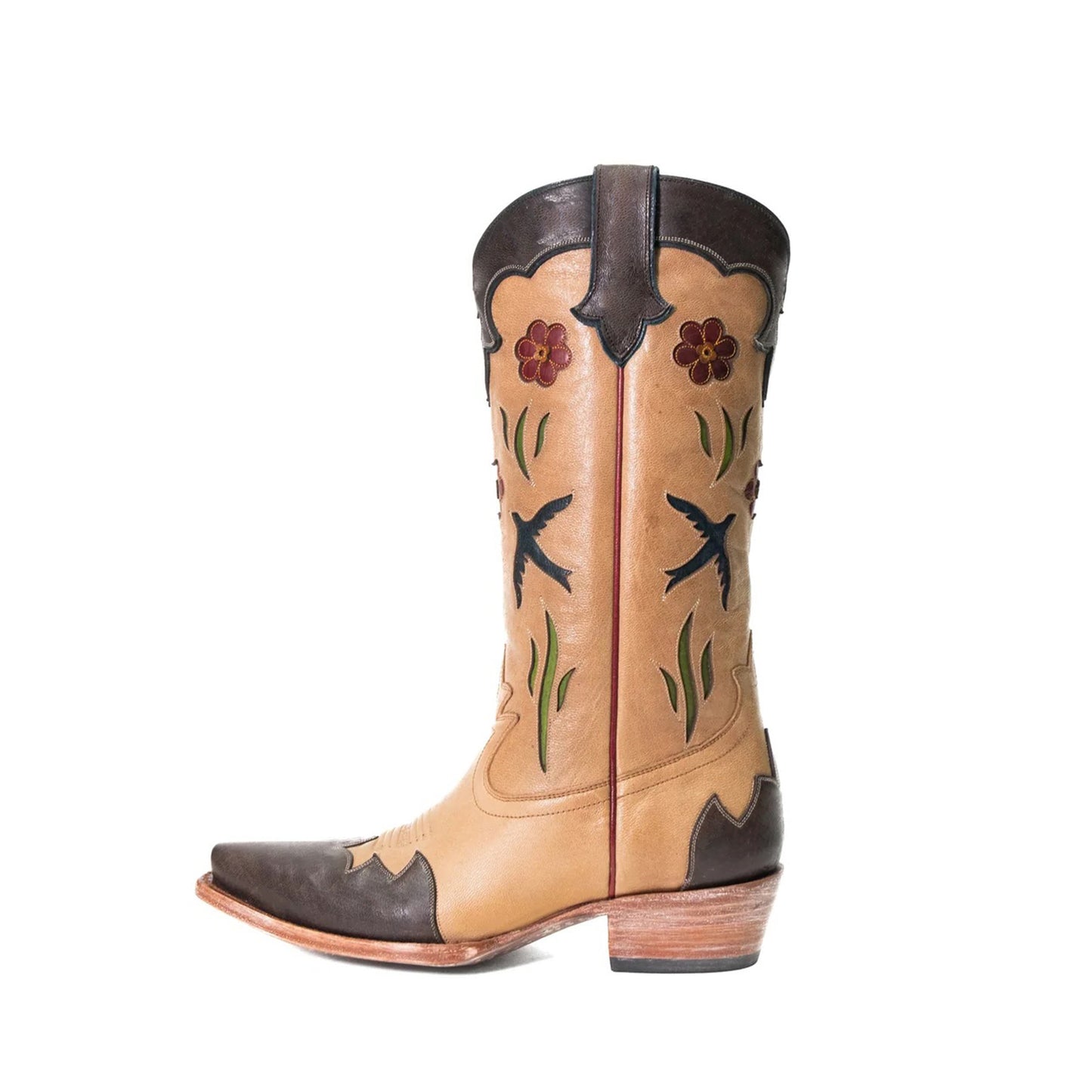 Contrast Camel And Chocolate Snip-Toe Birds Flowers Inlays Mid Calf Cowgirl Boots