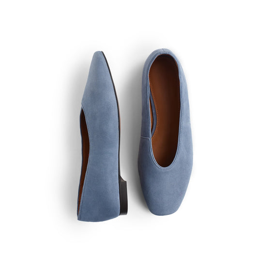 Blue Faux Suede Square-Toe Ballet Flats