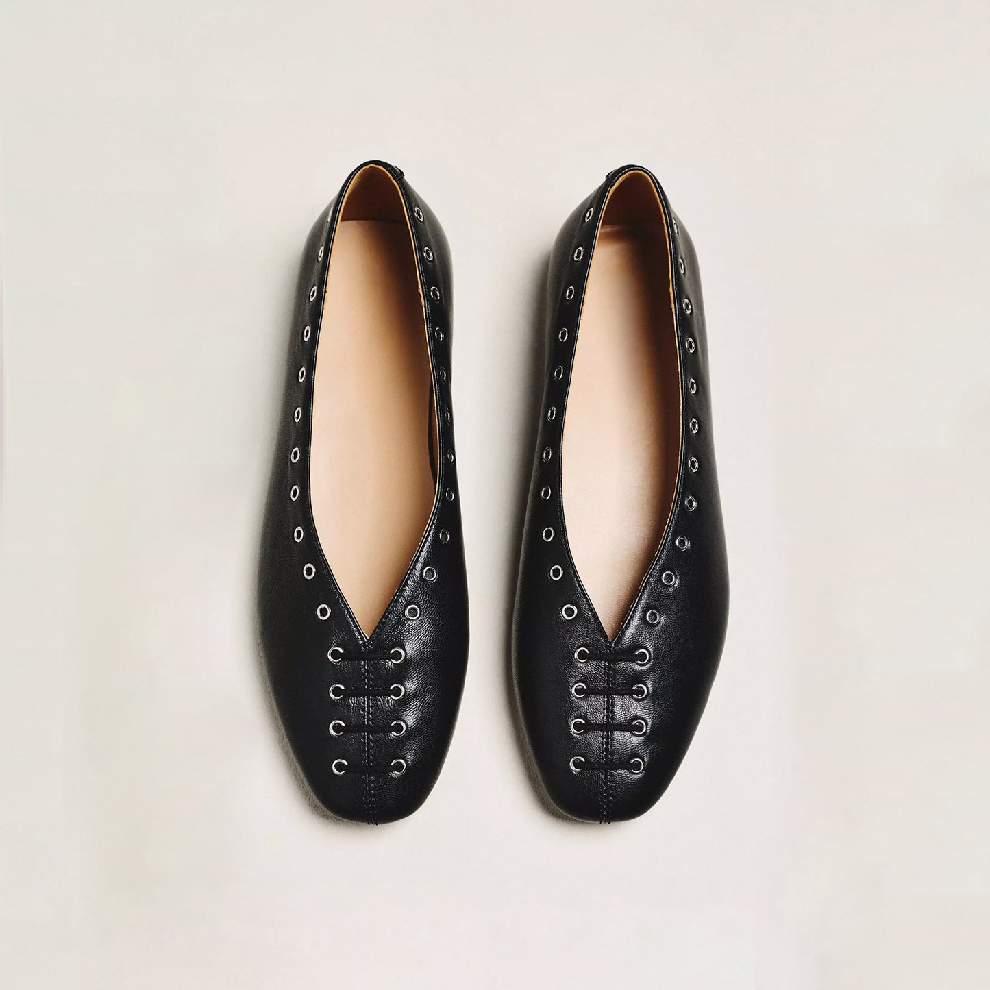 Black Square-Toe Grommet Lace-Up Ballet Flats