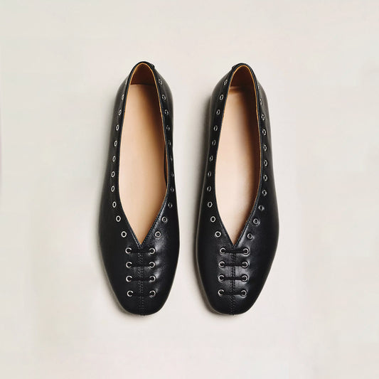 Black Square-Toe Grommet Lace-Up Ballet Flats