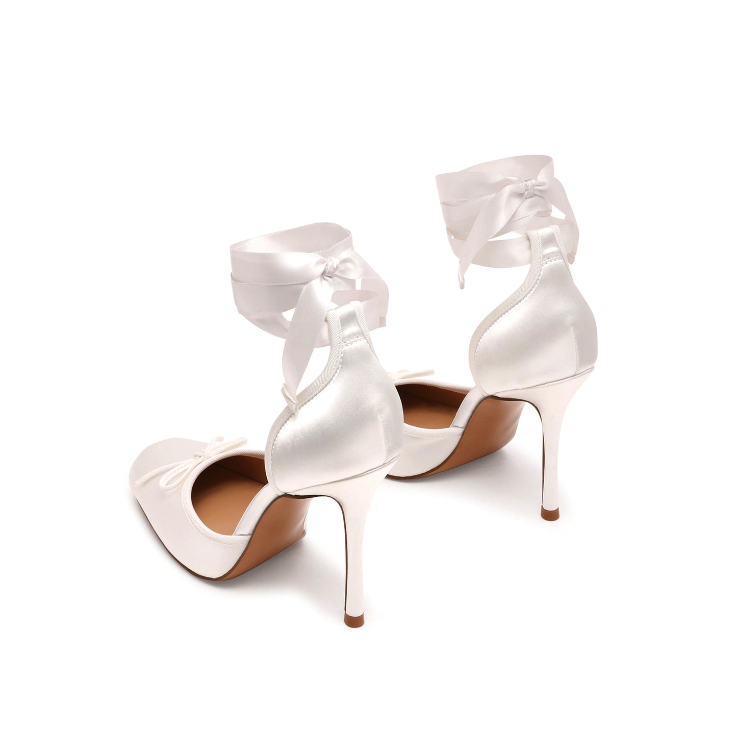 Ivory Satin Square-Toe Front Bow Ankle Straps High Heels