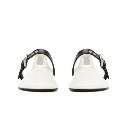 White Mesh Round-Toe Ballet Flats With Bridge Strap