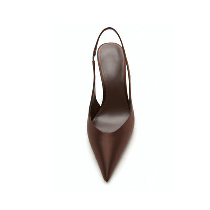 Chocolate Satin Pointed-Toe Slip-On Slingback High Heels