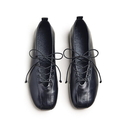 Black Vegan Leather Square-Toe Lace-Up Ballet Flats